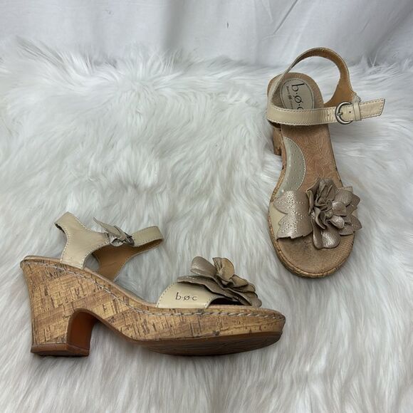 Born Champagne Floral Trim Leather Cork Platform Sandals Sz 7 - Picture 1 of 7